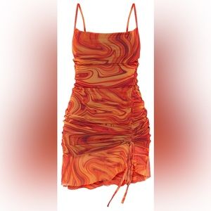 NWOT PrettyLittleThing Orange Mesh Marble Print Ruched Bodycon Dress